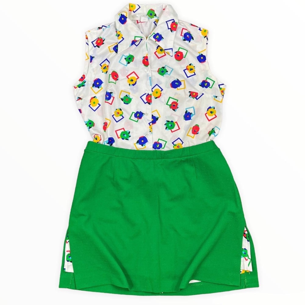 Vintage 60’s 70’s Roman’s Two Piece Skirt Green Button Up Flowers Abstract 38/34